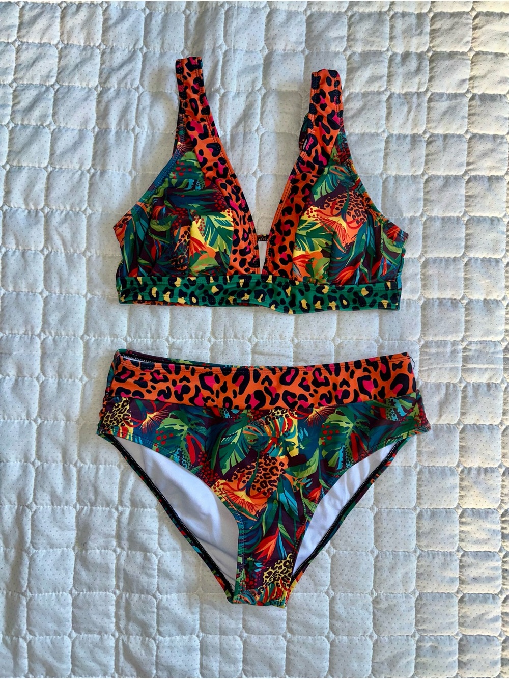 Tropical Leopard Print Women's Bikini Set - Orange & Green NWOT Temu size M